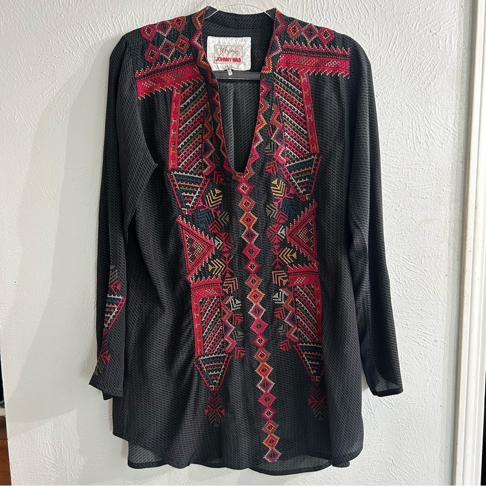 Biya by Johnny Was black embroidered silk tunic size S